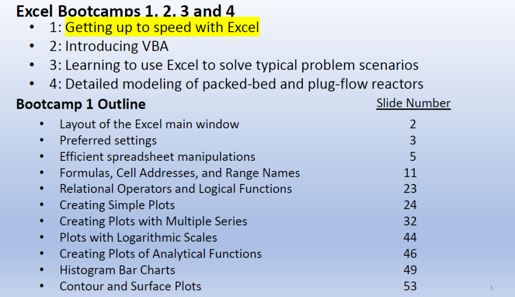 image of the slideshow for excel bootcamp 1 on LearnChemE