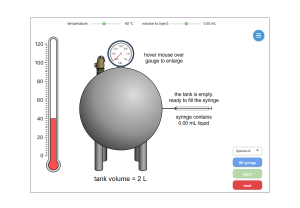 Digital experiment includes a 2L round tank with a pressure meter and a syringe attached. Thermometer is on the left. Sliders allow you to adjust temperature and volume to inject. Buttons on the right run the experiment.
