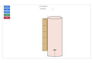 image of a simulation that shows a coin in a cylinder of liquid with a ruler beside it. Buttons to run the simulation are also shown.