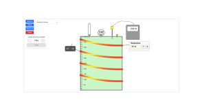 digital experiment showing a tank with a heat exchanger so that the user can vary the temperature. There is also a syringe to inject N2O4. Users can vary the amount of N2O4 added and choose to use a constant-pressure or constant-volume system.