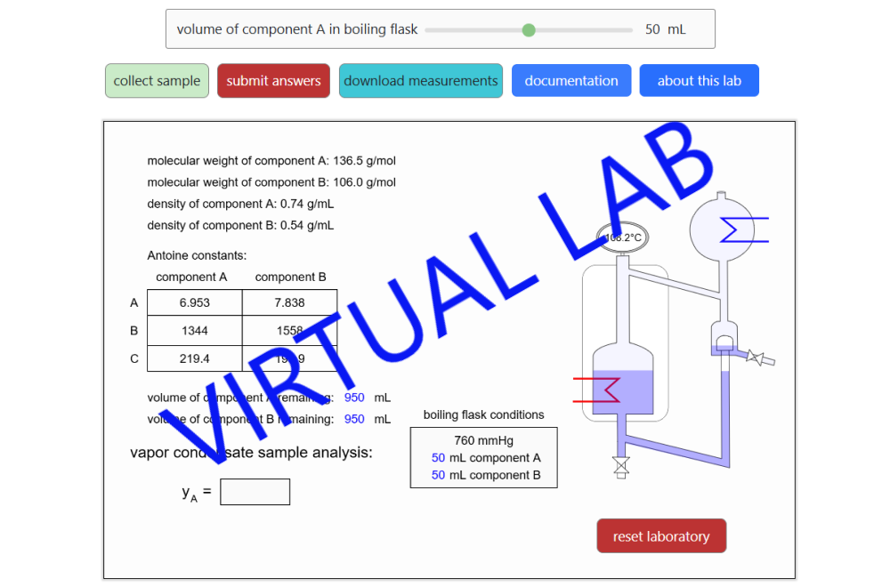 virtual lab lets users change volume of component A in flask, gives relevant information for components A and B