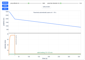 simulation in which 2 graphs are shown: position and velocity vs. time. You can vary jump altitude and parachute diameter to see effects.