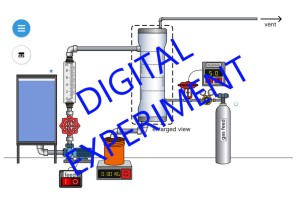 image of a digital experiment to understand mass balances on stripping columns and absorption columns. Shows the column with feed tanks and a collection bucket with other apparatus including valves, on/off switches, and pressure valves.