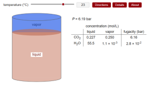 graphic of a soda can showing liquid and vapor amounts. A table shows the concentration and fugacity of CO2 and H20. Users can vary the temperature.