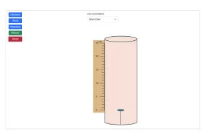 image of a simulation that shows a coin in a cylinder of liquid with a ruler beside it. Buttons to run the simulation are also shown.